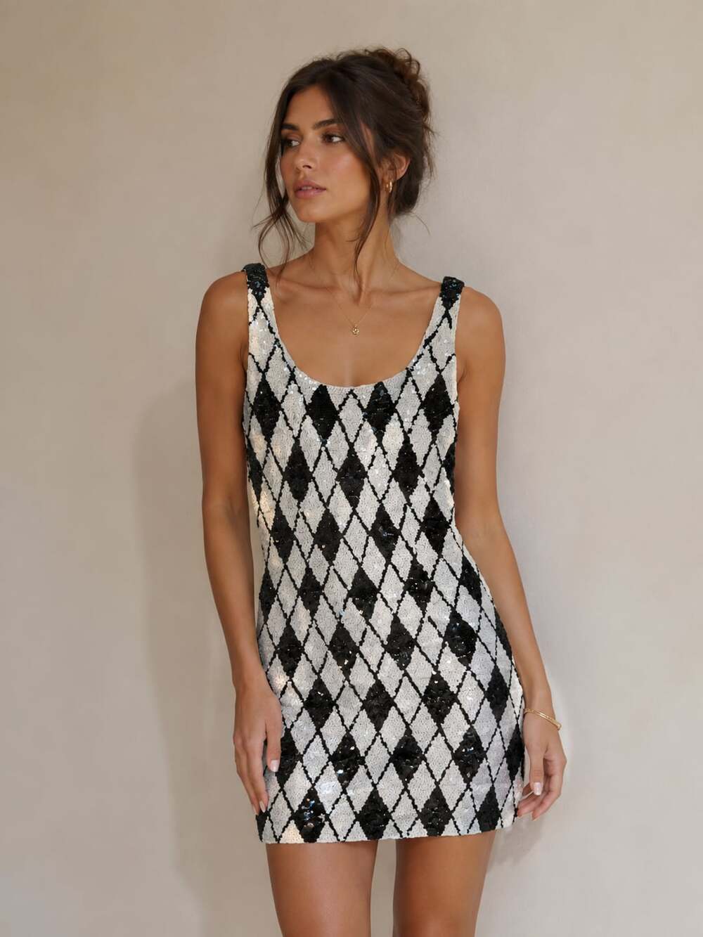 AJ Bari Vintage Black and White Harlequin Argyle Sequin Sleeveless Mini Dress